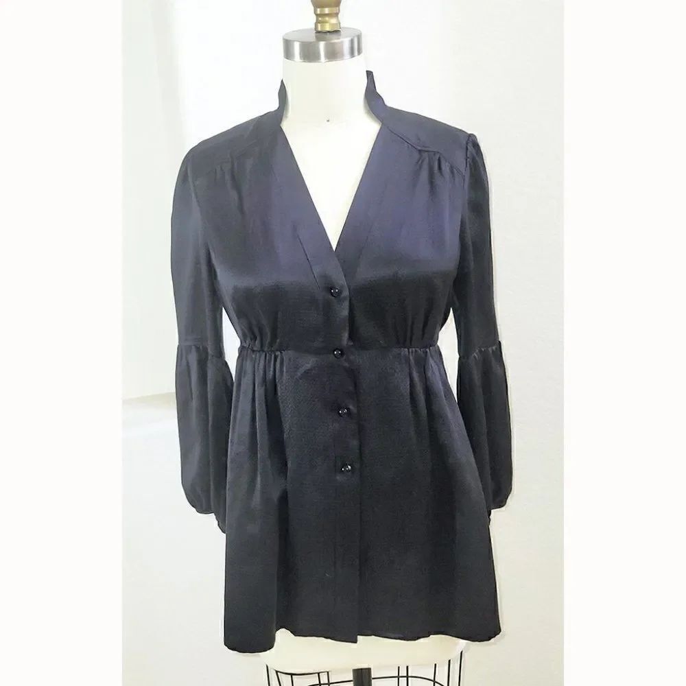 Black 100% silk pea coat style puff sleeves top